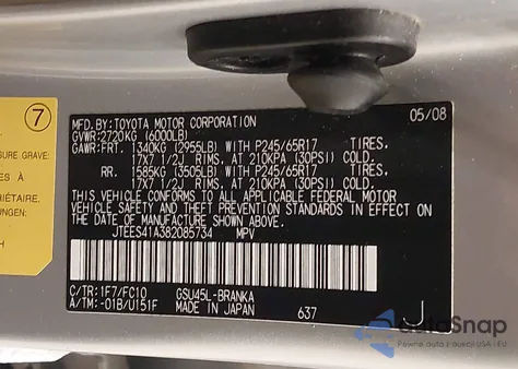 2008 Toyota Highlander из США, поврежденный, VIN JTEES41A382085734